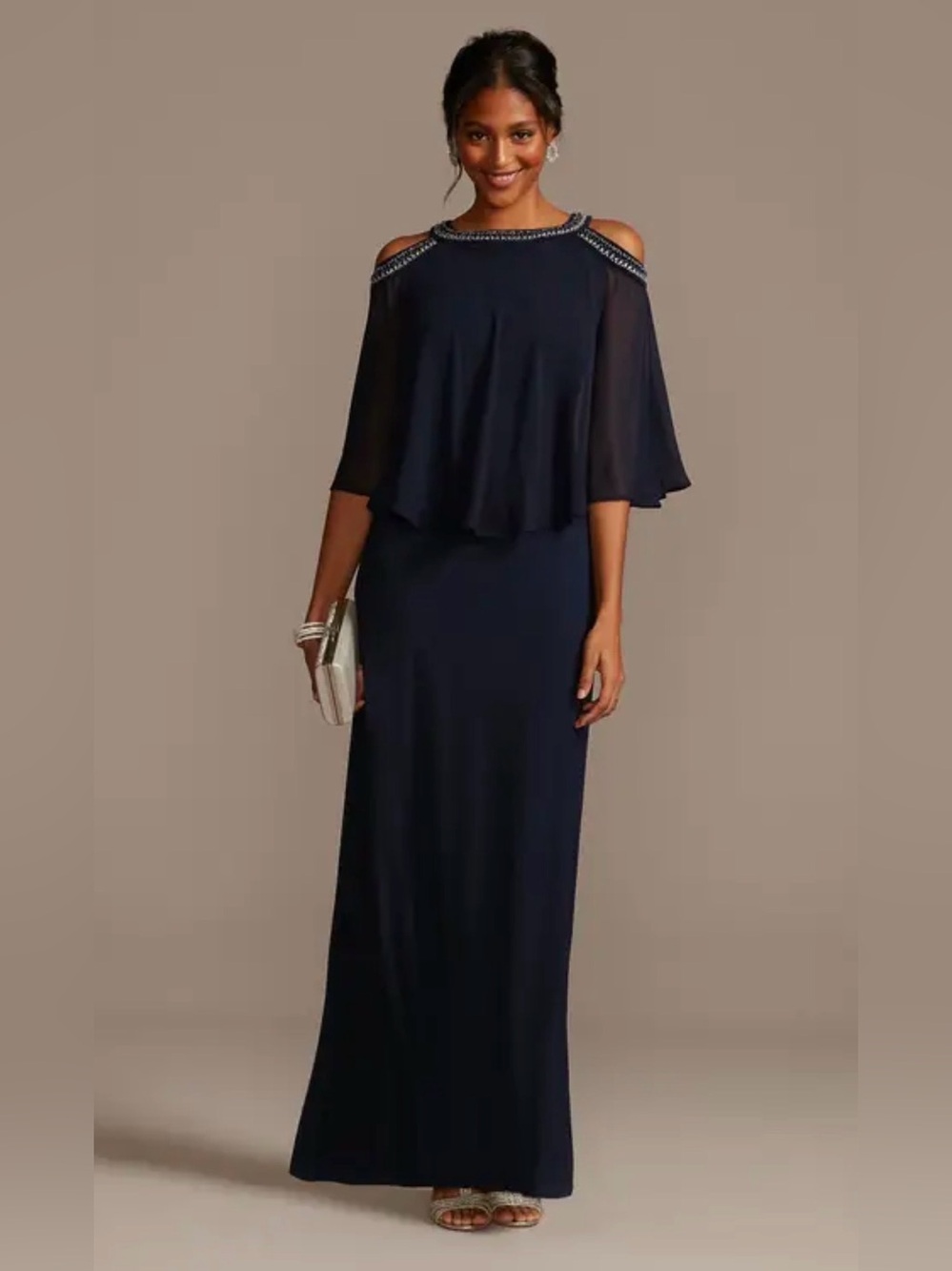 Alex Evenings Size 16 Navy Embellished Cold Shoulder Capelet Gown Like New